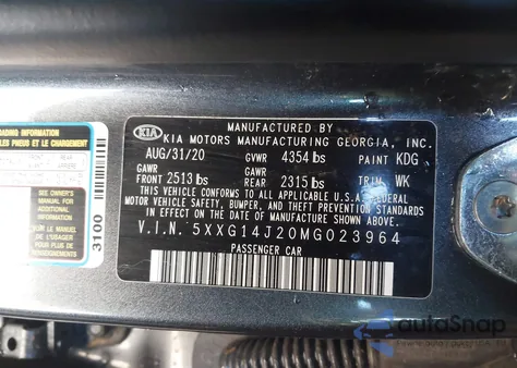 2021 Kia K5 Lxs z USA, uszkodzony, nr VIN 5XXG14J20MG023964